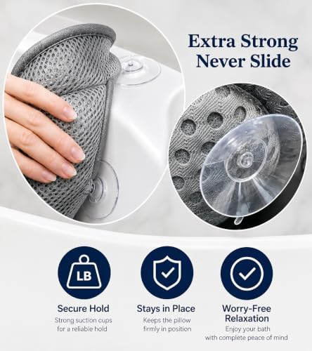 Luxe Bath Pillow for Tub Quick-Dry 4D Mesh,Head, Neck & Back Support (Gray) - Image 6