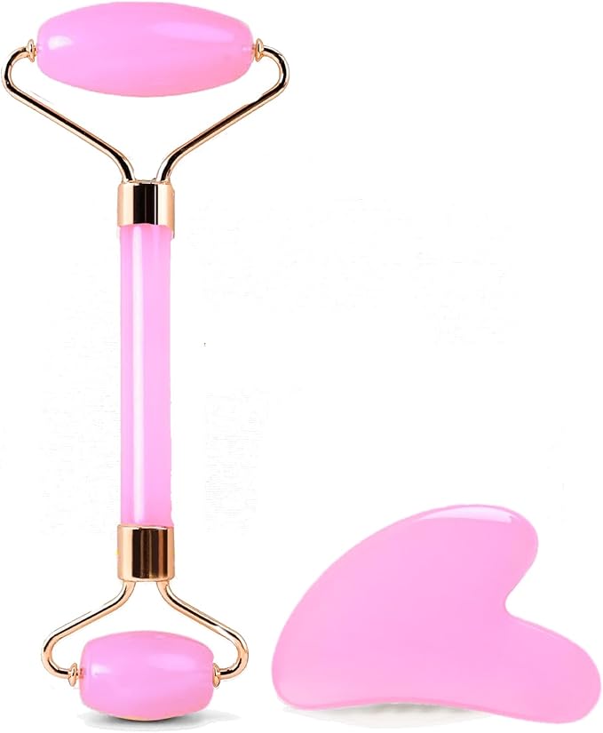 Gua Sha Facial Massage Tool and Roller Set, Facial Massager for Face, Neck, Arms, Eyes, Reduce Puffiness, Improve Wrinkles, Daily Self-Care Gift for Men and Women Emerald Green Pink White