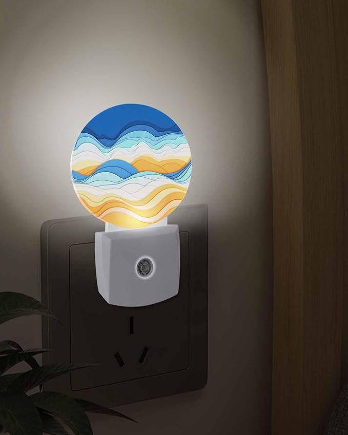 Night Lights Auto Sensor Ombre Orange Blue Night Light Abstract Mountain Waves Lines Round Lamp Plug-in LED Nightlights Dusk to Dawn for Living Room Bedroom Bathroom Hallway Wall Decor