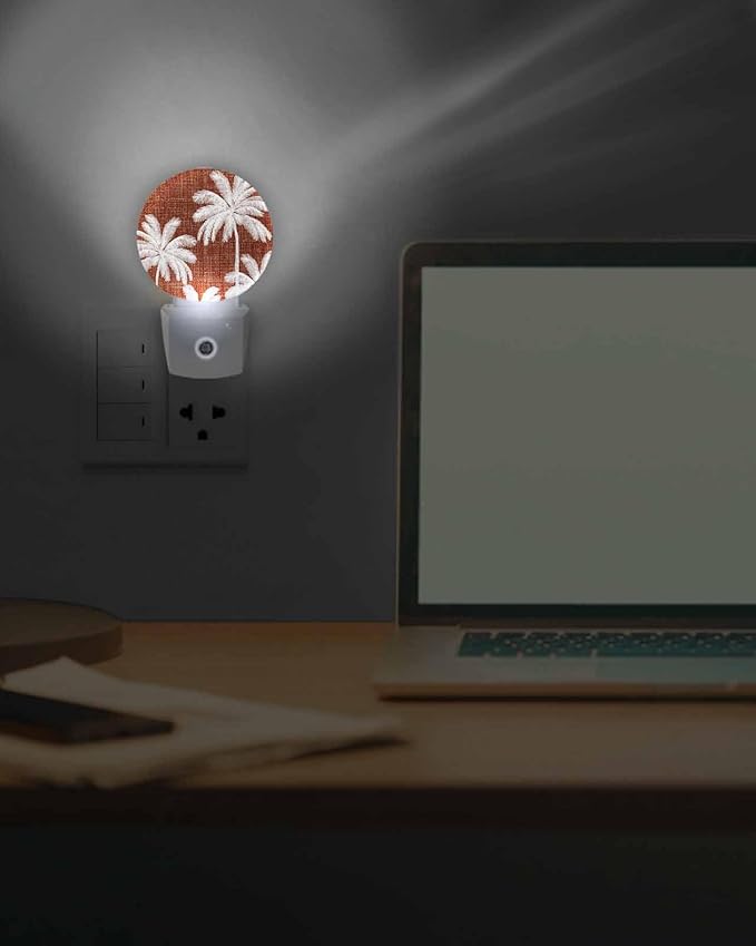 Night Lights Auto Sensor Tropical Palm Trees Night Light Brown Linen Coastal Round Lamp Plug-in LED Nightlights Dusk to Dawn for Living Room Bedroom Bathroom Hallway Wall Decor