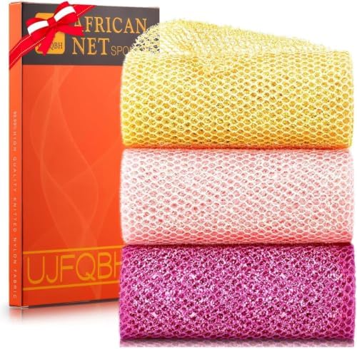 UJFQBH 3 Piece Bright Style African exfoliating net Exfoliating Shower Set Long Bath Sponges for Smooth, Refreshed Skin, The Exterior Gleams - Ideal for Daily Use (Bright Yellow, Pink, Purple) by BuyNow