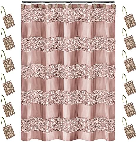Zahari Home 13pc Sinatra Bathroom Shower Curtain Set - Blush Luxury Fabric With 12 Hooks - Unique Design Bling by ZahariHome