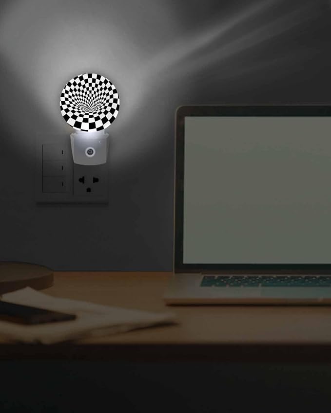 Night Lights Auto Sensor Black White Checker Night Light 3D Abstract Mosaic Tiles Round Lamp Plug-in LED Nightlights Dusk to Dawn for Living Room Bedroom Bathroom Hallway Wall Decor