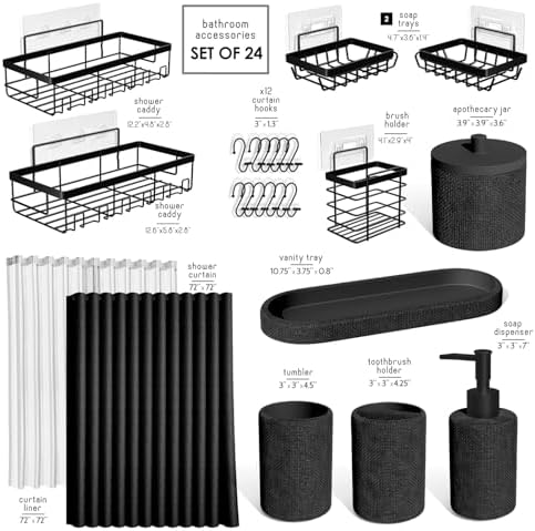 Clara Clark Bathroom Set - Black Bathroom Accessories Set, 24PC Bathroom Accessory Set, Bathroom Sets with Shower Curtain Set, Adhesive Corner Shower Caddy Hanging & Soap Dispenser - Image 2