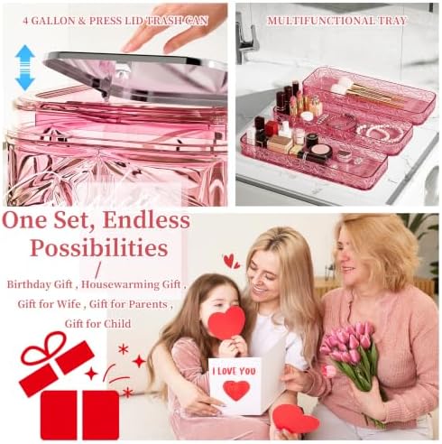 Bathroom Accessory Set, 9-Piece Pink Bathroom Set with Trash Can, Toilet Brush, Soap Dispenser, Soap Dish, Toothbrush Holder, Tumbler, Q-tip Holders & Tray, for Hotel/Apartment, Housewarming Gift - Image 6