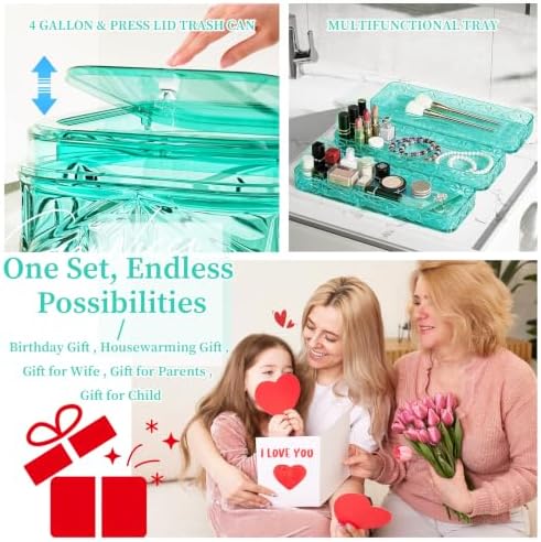 Bathroom Accessory Set, 9-Piece Teal Bathroom Set with Trash Can, Toilet Brush, Soap Dispenser, Soap Dish, Toothbrush Holder, Tumbler, Q-tip Holders & Tray, for Hotel/Apartment, Housewarming Gift - Image 6