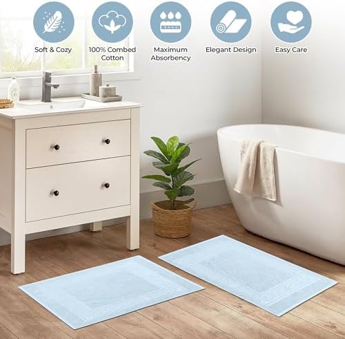 Superior Heavyweight Cotton Bath Mats, Bath Rugs For Bathroom Accessories, Washable Rug For Shower, Toilet, Modern Decor, No Backing, Luxury Hotel And Spa Quality, Set of 2, 22" x 35", Light Blue - Image 6