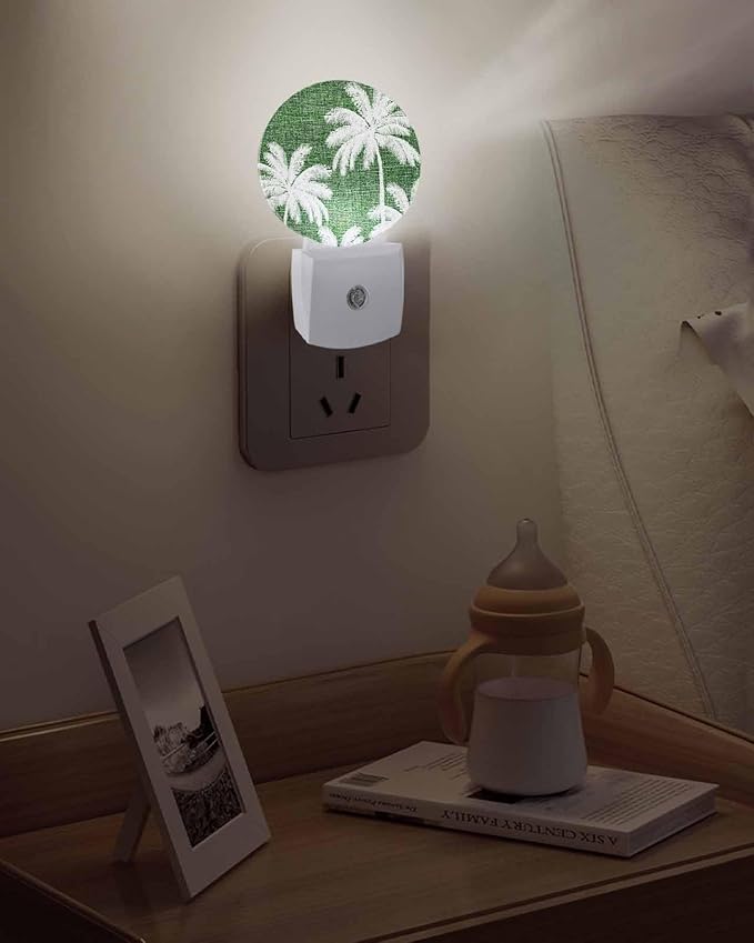 Night Lights Auto Sensor Tropical Palm Trees Night Light Forest Green Linen Coastal Round Lamp Plug-in LED Nightlights Dusk to Dawn for Living Room Bedroom Bathroom Hallway Wall Decor