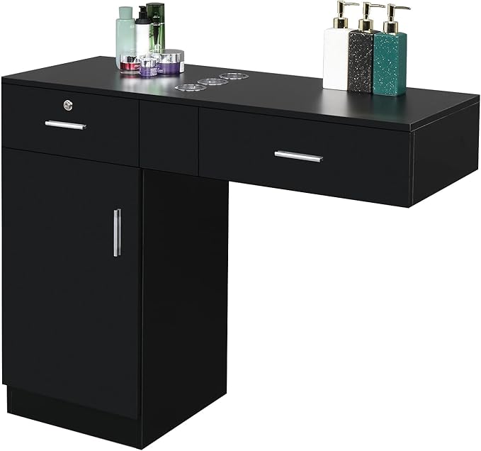 Wall Mount Styling Station for Hair Stylist,Wooden Hair Salon Station Storage Cabinet,Beauty Salon Storage Equipment,Beauty Spa Tool Organizer,with Drawers,for Barber Shop, Home, Bathroom (Black)
