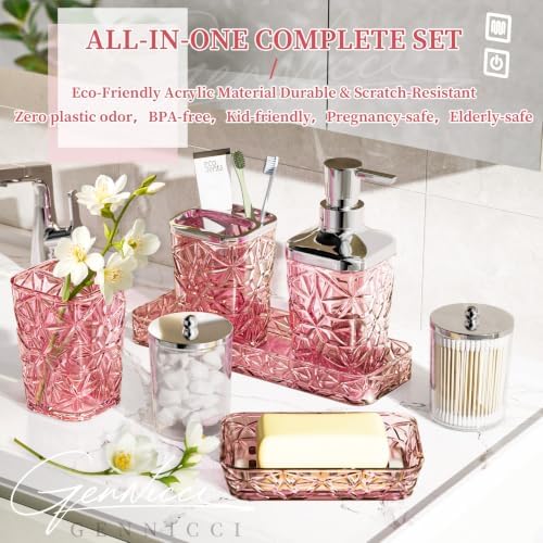Bathroom Accessory Set, 9-Piece Pink Bathroom Set with Trash Can, Toilet Brush, Soap Dispenser, Soap Dish, Toothbrush Holder, Tumbler, Q-tip Holders & Tray, for Hotel/Apartment, Housewarming Gift - Image 4