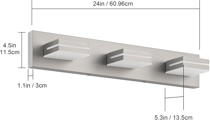 SineRise LED Modern Bathroom Vanity Light Fixtures (3-Light, 24-Inch), Brushed Nickel Modern Acrylic Bathroom Wall Lighting Fixtures Over Mirror (Cool White 6000K)