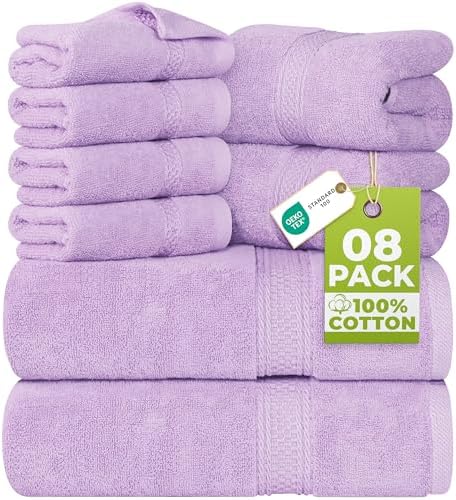 Utopia Towels 8 Piece Luxury Towel Set – Majestic Plush, Super Absorbent & Quicker-to-Dry, Thick 100% Ring Spun Cotton Towels for Bathroom, Spa & Hotel – 2 Bath, 2 Hand, 4 Washcloths, Lavender by UTOPIATOWELS