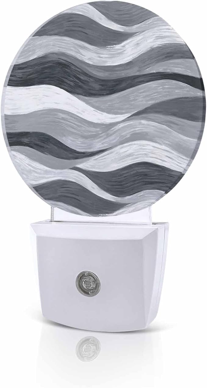 Night Lights Auto Sensor Grey Ocean Waves Night Light Abstract Mountain Stripes Round Lamp Plug-in LED Nightlights Dusk to Dawn for Living Room Bedroom Bathroom Hallway Wall Decor