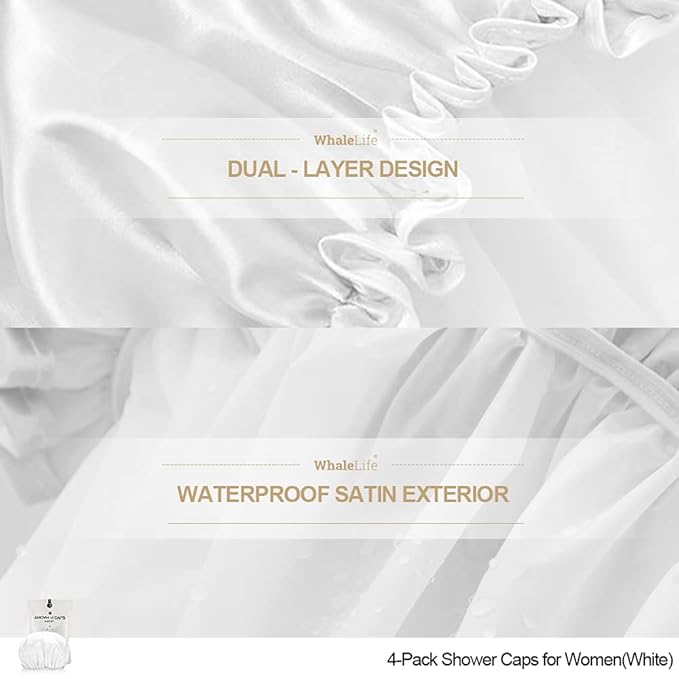 Shower Cap for Women Reusable Extra Large Shower Cap for Men (White 4 Pack Large) Satin Double Layer EVA Waterproof Long Hair Cap