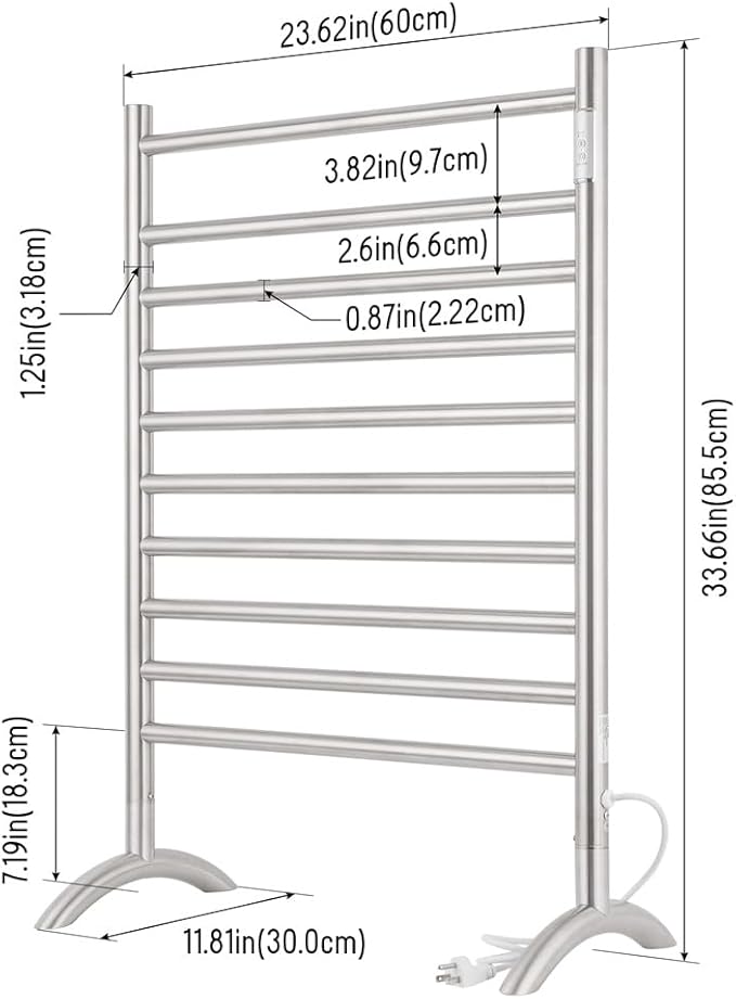 Freestanding Towel Warmer 10 Bars Plug-in Option 3 Working Modes Brushed Stainless Steel 24" W 34" H