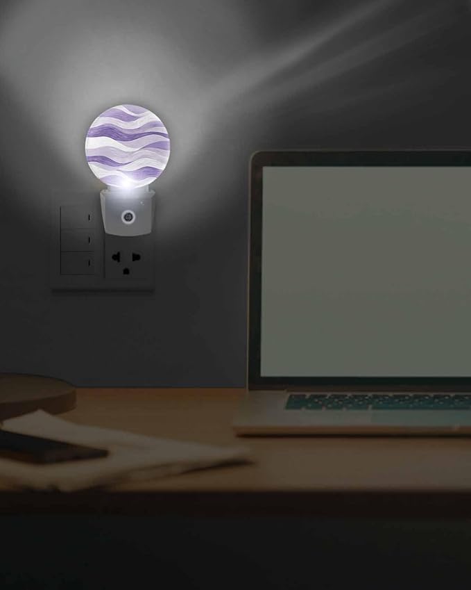 Night Lights Auto Sensor Lavender Purple Ocean Waves Night Light Abstract Mountain Stripes Round Lamp Plug-in LED Nightlights Dusk to Dawn for Living Room Bedroom Bathroom Hallway Wall Decor