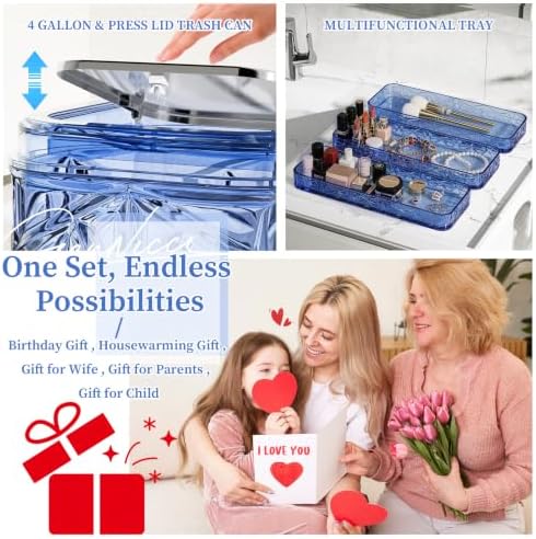 Bathroom Accessory Set, 9-Piece Blue Bathroom Set with Trash Can, Toilet Brush, Soap Dispenser, Soap Dish, Toothbrush Holder, Tumbler, Q-tip Holders & Tray, for Hotel/Apartment, Housewarming Gift - Image 6