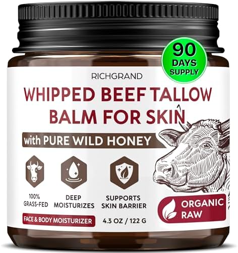 RICHGRAND Beef Tallow for Skin - Whipped Tallow and Honey Balm - Grass Fed Beef Tallow for Face, Daily Moisturizer & Body Butter - Natural Non Comedogenic Skincare (4.3 oz) by RICHGRAND