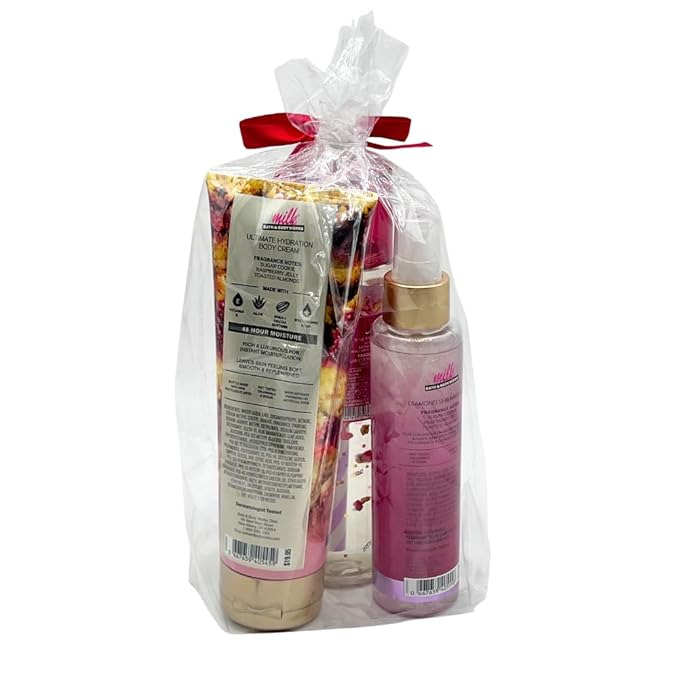 Bath & Body Works MILK Collections RASPBERRY HOLIDAY PIE BAR Diamond Shimmer Mist, Fine Fragrance Mist & Ultimate Hydration Body Cream 3pc bundle with a Red Bow for Holidays & Gifts