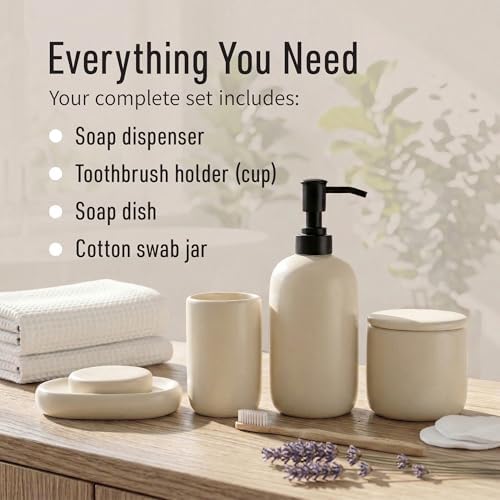 Ava Nord Modern Minimalist Ceramic Bathroom Accessories | Set of 4 | Cream - Image 2