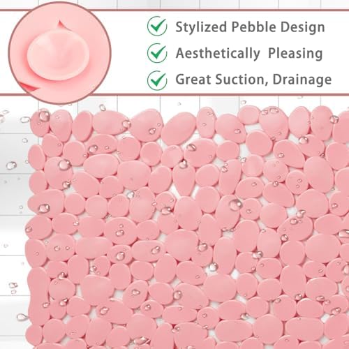 Pebble Shower Mat for Bathtub Non Slip Mat 35"X16" with Suction Cups,Pink - Image 2