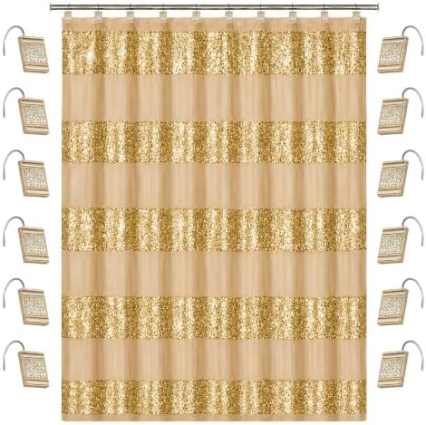 Zahari Home 13pc Sinatra Bathroom Shower Curtain Set - Gold Curtain & 12 Champagne Hooks - Luxury Fabric Bling Unique Beautiful Set by ZahariHome
