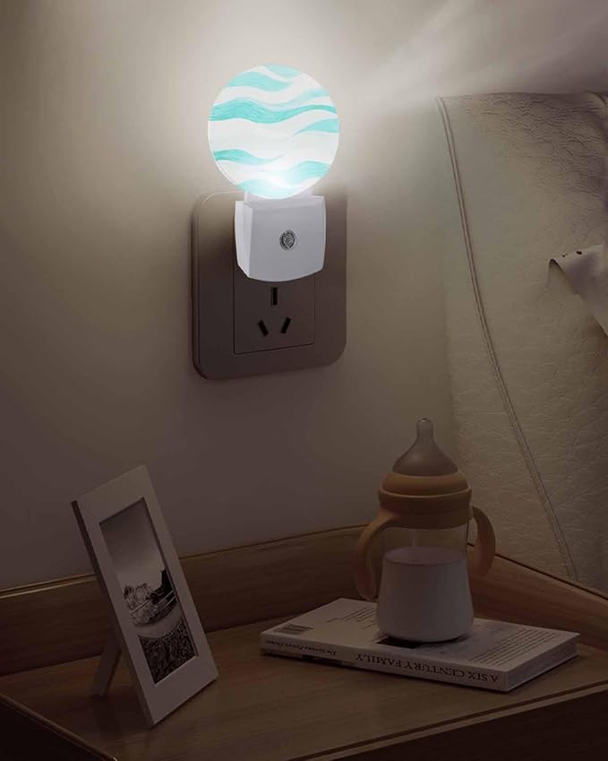 Night Lights Auto Sensor Turquoise Ocean Waves Night Light Abstract Mountain Stripes Round Lamp Plug-in LED Nightlights Dusk to Dawn for Living Room Bedroom Bathroom Hallway Wall Decor