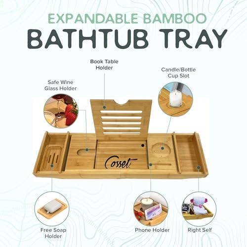 Cosset Bathtub Tray - Expandable Bamboo Bathroom Tray for Women and Men - Soap Dish, Book, Phone & Tablet Holder, Wine Glass Slot - Relaxing Bath Caddy for Spa and Shower - Image 2