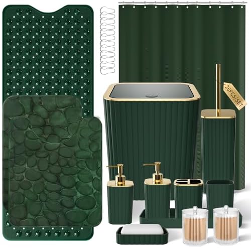 XLHOMO 26PC Bathroom Accessories Set - Gorgeous Green Bathroom Set, Bathroom Accessory Set, Shower Curtain Set with Bathtub Mats for Shower Tub, Trash Can & Soap Dispenser by BetterbathroomwithXLHOME