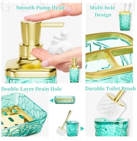 Bathroom Accessory Set, 9-Piece Teal Bathroom Set with Trash Can, Toilet Brush, Soap Dispenser, Soap Dish, Toothbrush Holder, Tumbler, Q-tip Holders & Tray, for Hotel/Apartment, Housewarming Gift - Image 4