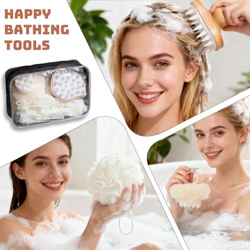 Bath Tools Set, 5 PCS Loofah Washcloth Combo 2-in-1, Suction Cup Bath Ball，Silicone Body Bath Brush with Waterproof Cosmetic Bag, for Body Wash and Smooth Skin - Image 6