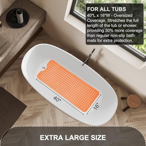 TEESHLY Bath Tub Shower Mat, Non Slip Bathtub Floor Liner Mats with Suction Cups and Drain Holes, Machine Washable Bathmat for Bathroom Floor Safety, 40 x 16 Inch, Clear Orange - Image 5