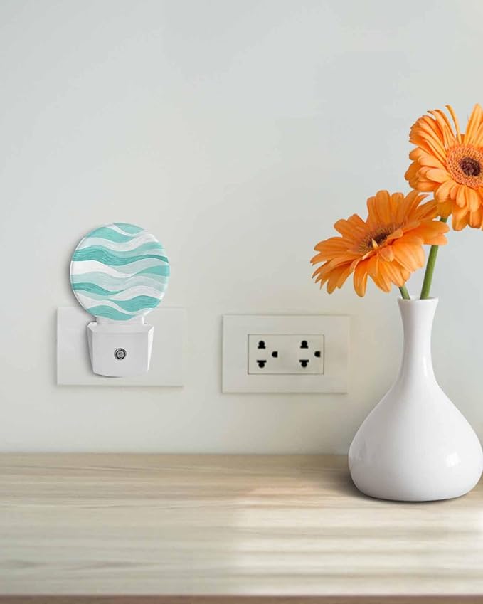 Night Lights Auto Sensor Turquoise Ocean Waves Night Light Abstract Mountain Stripes Round Lamp Plug-in LED Nightlights Dusk to Dawn for Living Room Bedroom Bathroom Hallway Wall Decor
