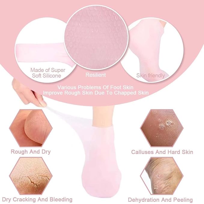 2 Pairs Silicone Moisturizing Glove Socks Set for Dry Cracked Feet and Hands, Anti Slip Spa Socks Women Gel Pedicure Socks for Foot Hand Softening Foot Care After Pedicure (Skin Color)