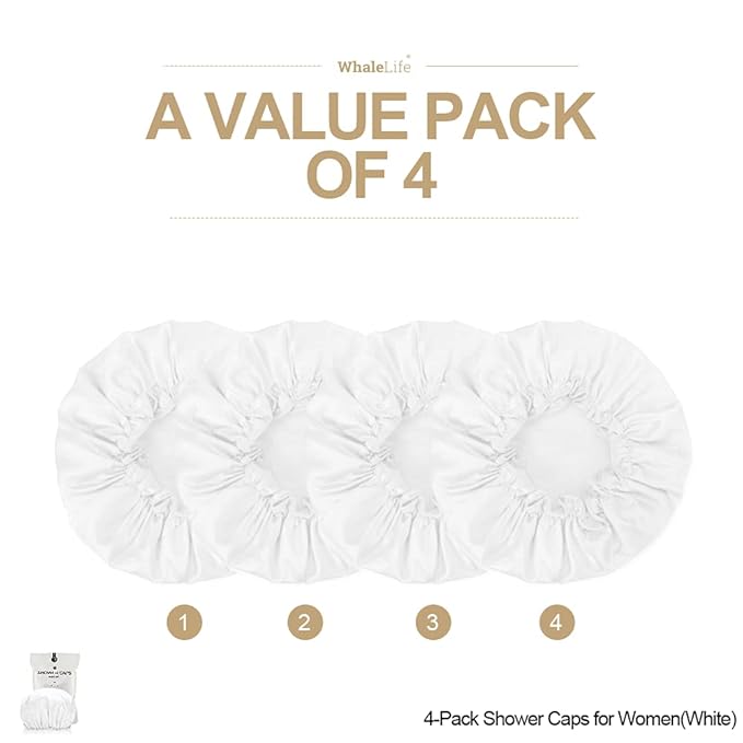 Shower Cap for Women Reusable Extra Large Shower Cap for Men (White 4 Pack Large) Satin Double Layer EVA Waterproof Long Hair Cap