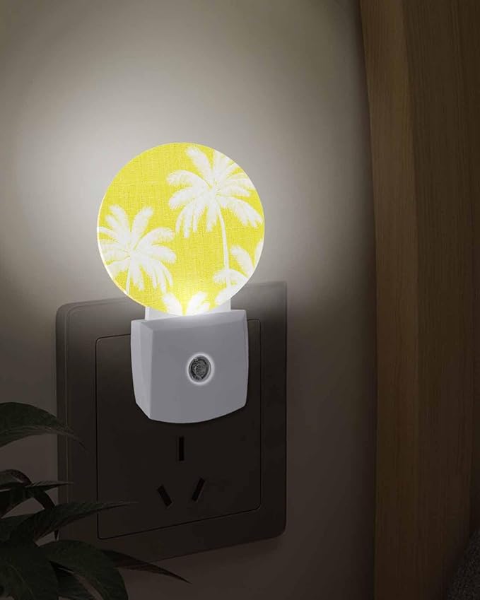 Night Lights Auto Sensor Tropical Palm Trees Night Light Yellow Linen Coastal Round Lamp Plug-in LED Nightlights Dusk to Dawn for Living Room Bedroom Bathroom Hallway Wall Decor