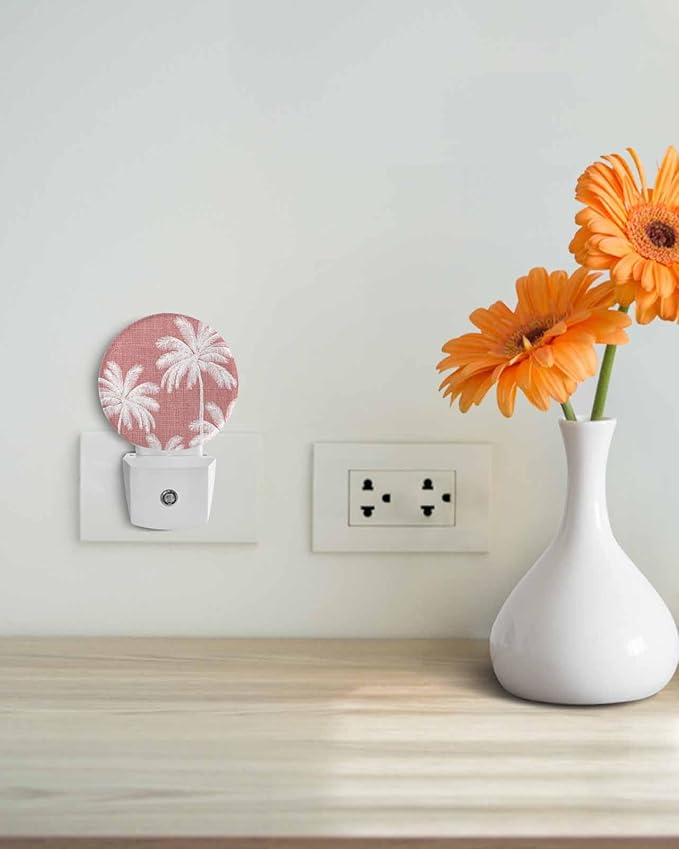 Night Lights Auto Sensor Tropical Palm Trees Night Light Rose Pink Linen Coastal Round Lamp Plug-in LED Nightlights Dusk to Dawn for Living Room Bedroom Bathroom Hallway Wall Decor