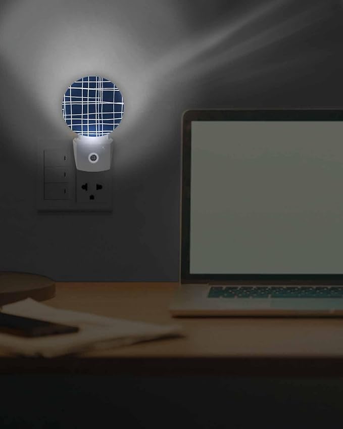 Night Lights Auto Sensor Navy Blue Checked Plaid Night Light Minimalist Grid Lines Round Lamp Plug-in LED Nightlights Dusk to Dawn for Living Room Bedroom Bathroom Hallway Wall Decor