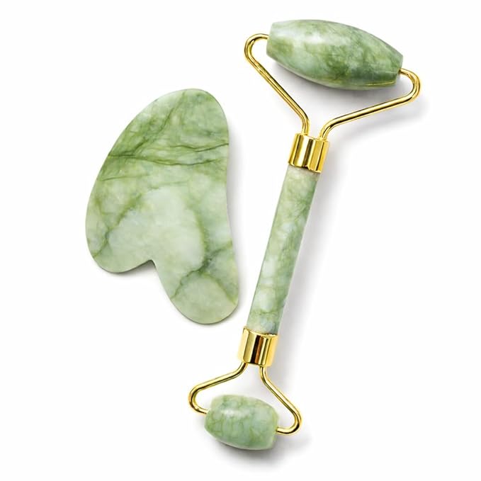 Jade Roller and Gua Sha Set, Natural Jade Stone Facial Massage Tools with Gold Frame for Puffiness and Redness Reducing, Skin Care Routine Gift