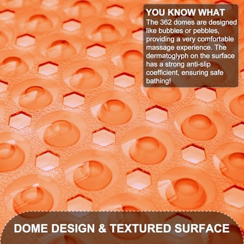 TEESHLY Bath Tub Shower Mat, Non Slip Bathtub Floor Liner Mats with Suction Cups and Drain Holes, Machine Washable Bathmat for Bathroom Floor Safety, 40 x 16 Inch, Clear Orange - Image 2