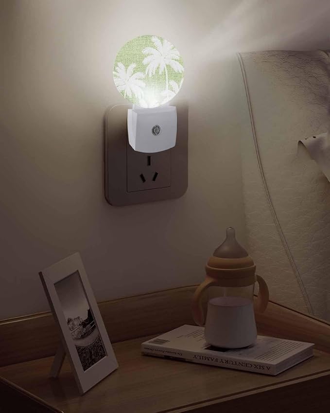Night Lights Auto Sensor Tropical Palm Trees Night Light Olive Green Linen Coastal Round Lamp Plug-in LED Nightlights Dusk to Dawn for Living Room Bedroom Bathroom Hallway Wall Decor