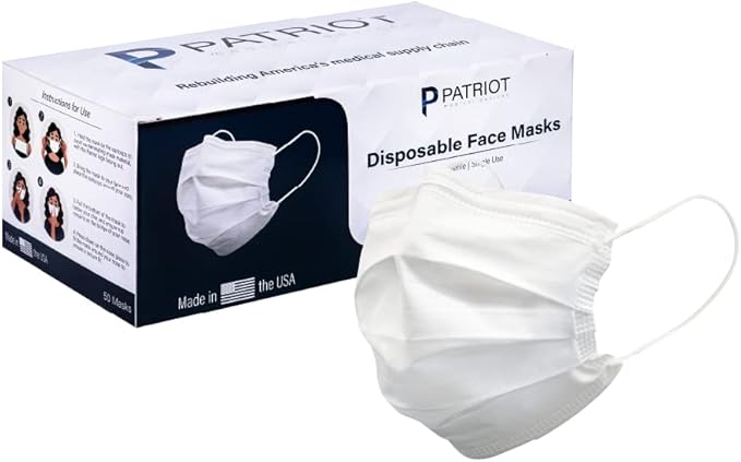 Patriot Medical Devices Disposable Face Mask | Made in the USA Soft, Hypoallergenic, Hydrophobic Material | 50 Count