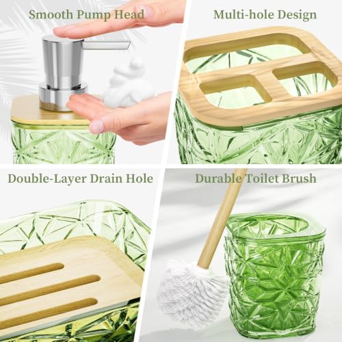 Bathroom Accessory Set, 9-Piece Green Bathroom Set with Trash Can, Toilet Brush, Soap Dispenser, Soap Dish, Toothbrush Holder, Tumbler, Q-tip Holders & Tray, for Hotel/Apartment, Housewarming Gift - Image 5