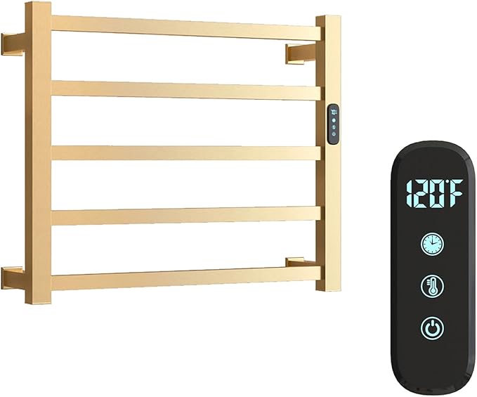 5 Bars Luxury Towel Warmers Wall Mounted Heated Towel Rack, Towel Warmer for Bathroom with Timer & Temperature Multi-Level Adjustable, Hardwired and Plug-in Compatible (Brushed Gold)