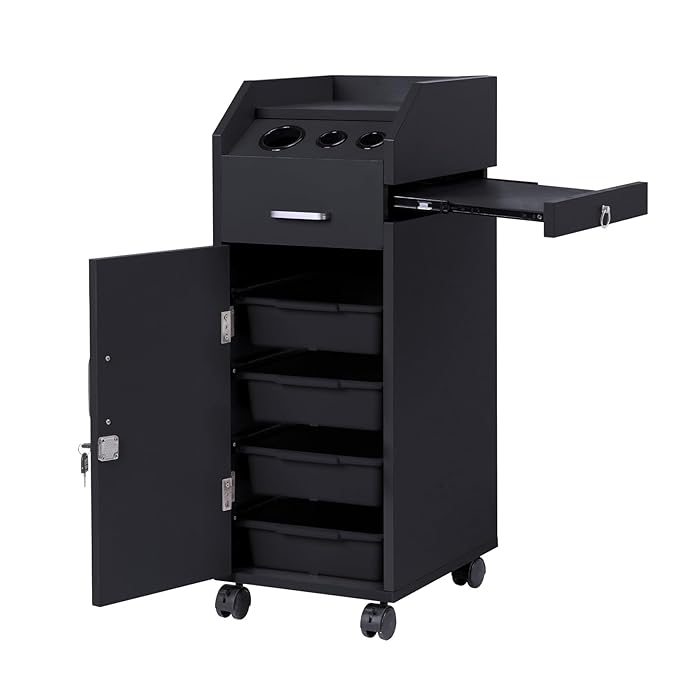 Winado Hair Salon Storage Cart with Wheels & 3 Hair Dryer Holders & 4 Drawers & Lock & 2 Keys, Hairdressing Tools Station Mobile Makeup Case, SPA Utility Trolley (Black)