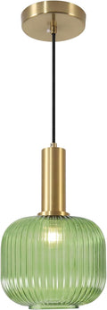 KCO Lighting Vintage Green Glass Pendant Light Kitchen Island Lighting Farmhouse Ribbed Glass Pendant Lighting Large Globe Pendant Light Fixture Brass Gold Single Ceiling Hanging Light