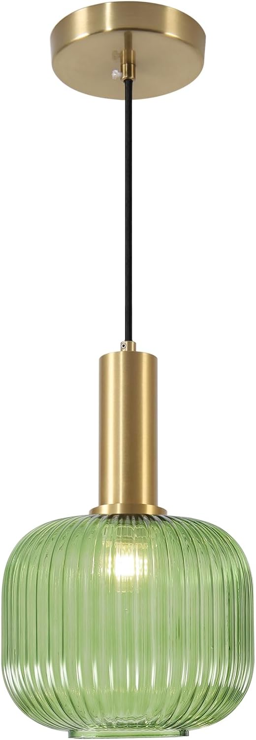 KCO Lighting Vintage Green Glass Pendant Light Kitchen Island Lighting Farmhouse Ribbed Glass Pendant Lighting Large Globe Pendant Light Fixture Brass Gold Single Ceiling Hanging Light