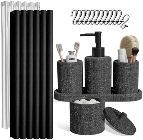 Clara Clark Bathroom Set - Coal Black Bathroom Accessories Set, 19PC Bathroom Accessory Set, Bathroom Sets with Shower Curtain Set, Soap Dispenser & Toothbrush Holder by ClaraClark