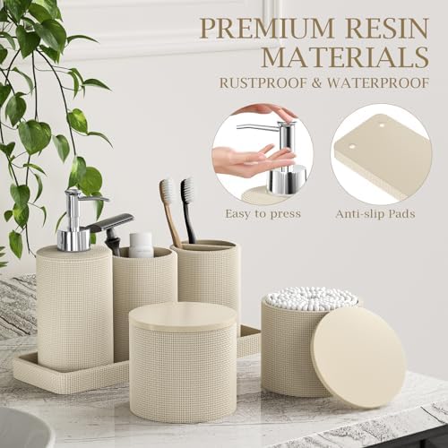 6-Piece Beige Bathroom Set - Mesh Textured Resin Bathroom Accessories Set with Soap Dispenser, Toothbrush Holder, Cup, Vanity Tray & Apothecary Jars for Small Spaces - Image 4