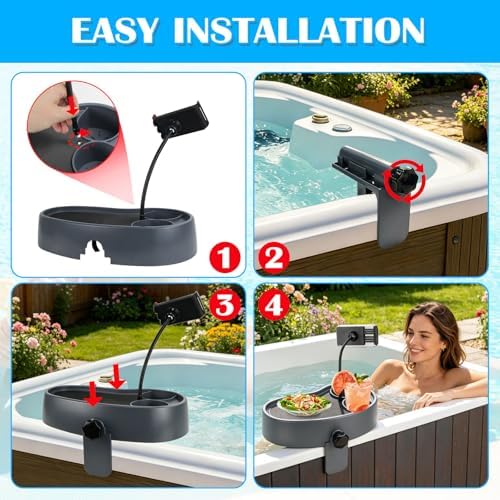 Hot Tub Table Tray with Adjustable Phone Holder, Nonslip Bathtub Table Tray, Between 2.4-7.4" Hot Tub Accessories for Adults with 2 Cup Holders, Clip-on Pool Side Table for Above Ground Bathtub (Gray) - Image 6